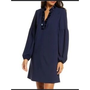 Lilly Pulitzer SHEA STRETCH DRESS Navy Blue sz 4 Poet Sleeves Sequin Shift Party